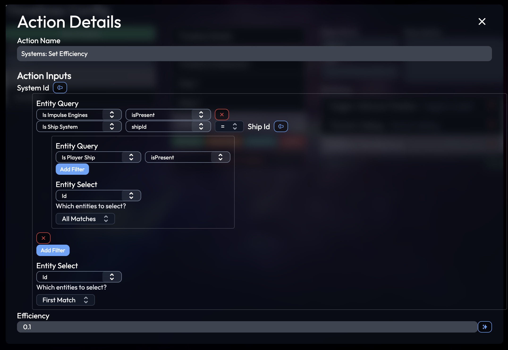 A damage system action that selects the impulse engines on the player's ship