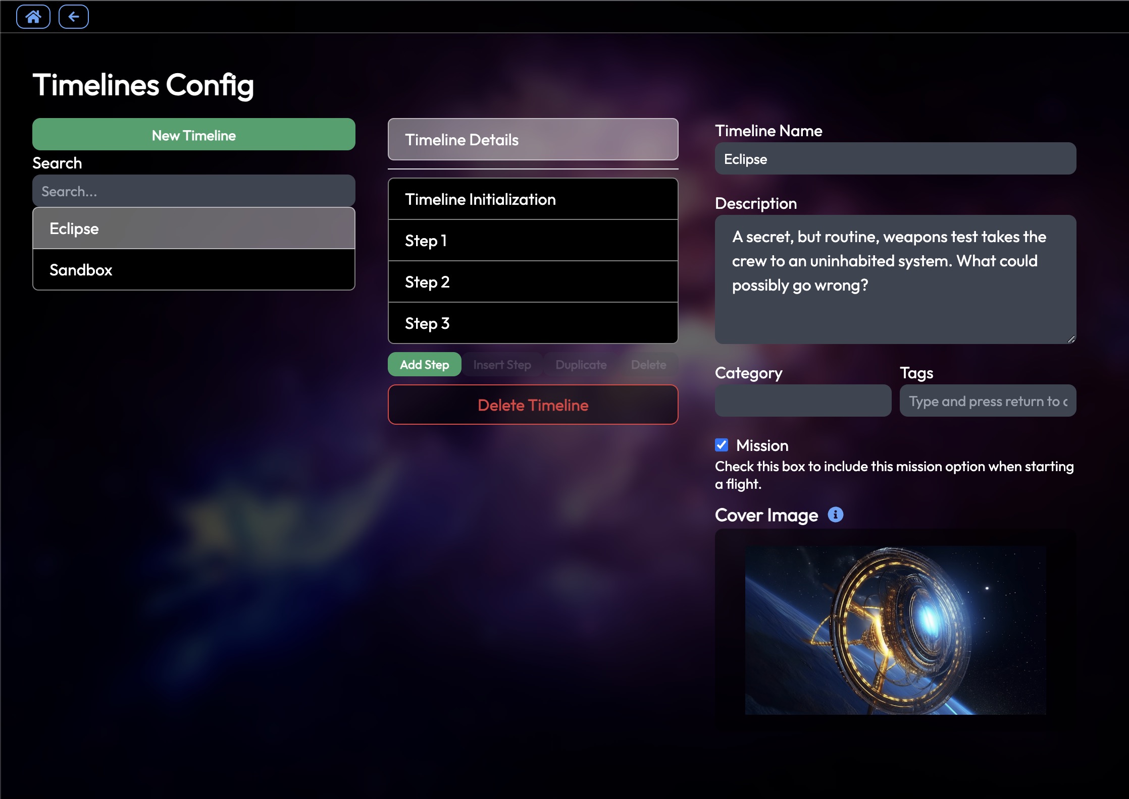 The timeline editor showing a list of timelines, the selected timeline steps, and the timeline details