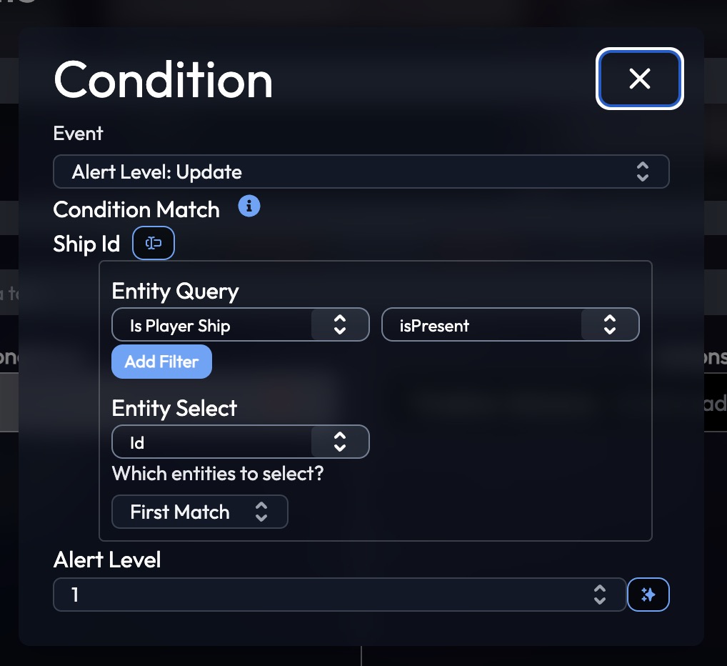 The condition editor, showing an "Alert Level: Update" condition