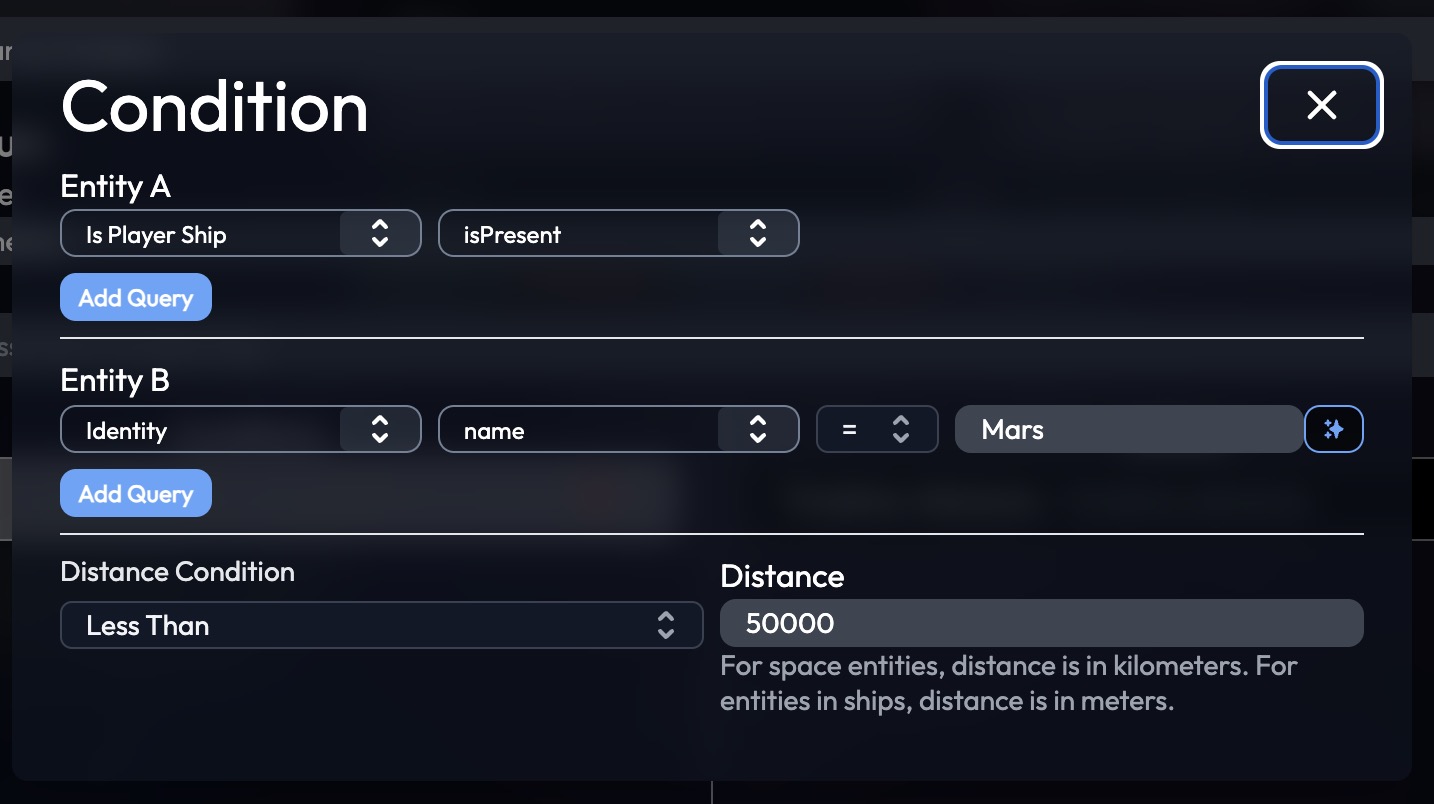 The condition editor, showing a distance condition
